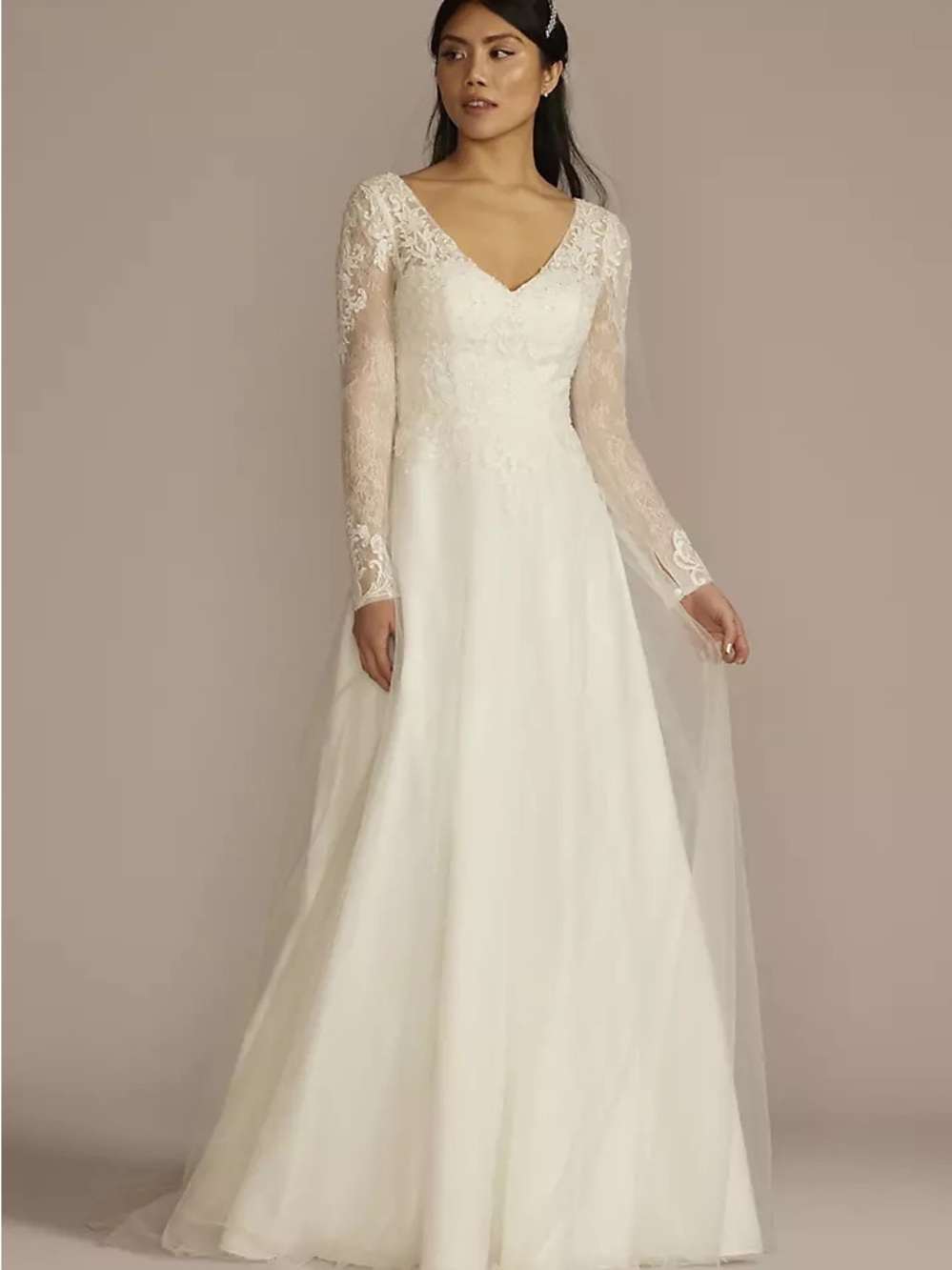 David's Bridal Ivory Lace Long-Sleeve A-Line Wedding Gown